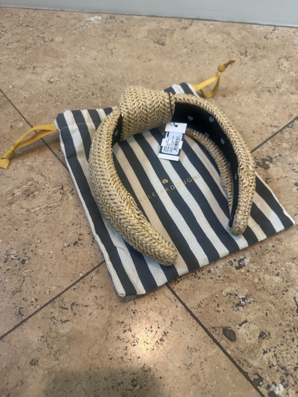 Lele Sadoughi Natural Straw Headband with Black & Cream Stripe Liner